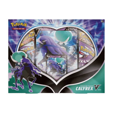 Shadow Rider Calyrex V Box with promo card, oversized card, and four Pokémon TCG booster packs – Official Pokémon Trading Card Game product.