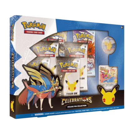 Pokémon Celebrations Deluxe Pin Collection box with Zacian LV.X promo card, Flying and Surfing Pikachu pin, and Celebrations booster packs – Official 25th Anniversary Pokémon TCG product.