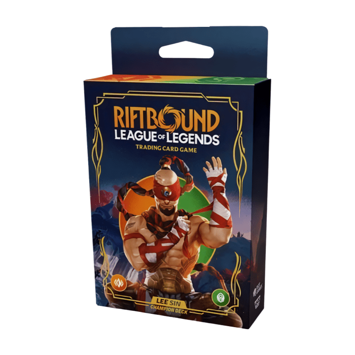 Riftbound: League of Legends TCG – Lee Sin Champion Deck Display with 4 decks and Lee Sin card – available at TcG Love