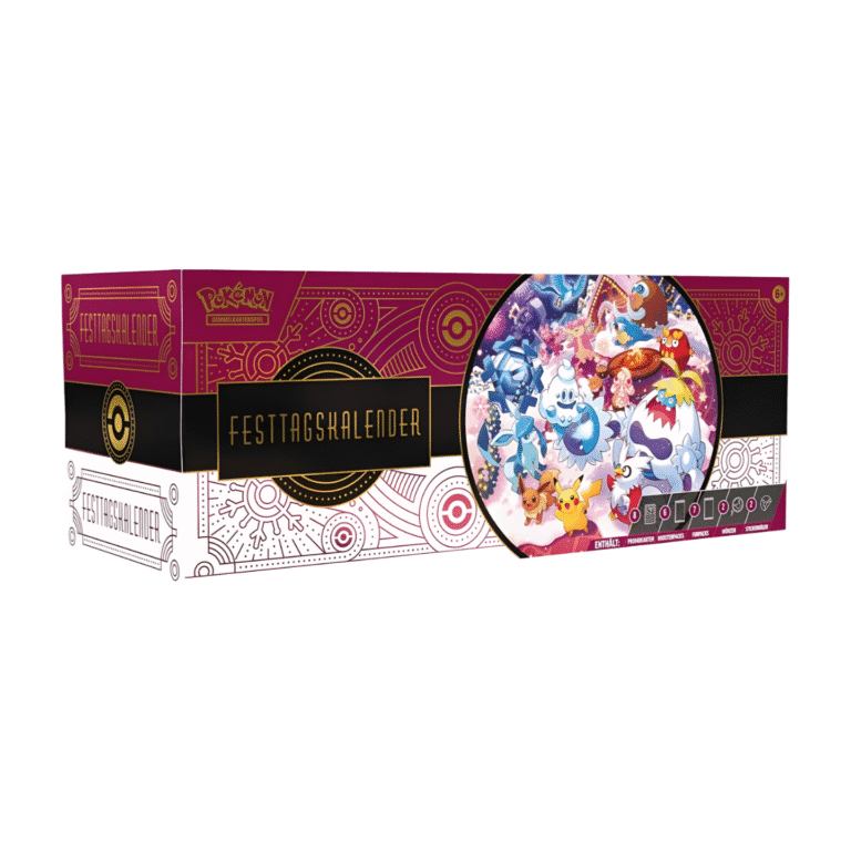Pokémon TCG Festtagskalender 2025 mit exklusiven Promo-Karten, Boostern, Funpacks, Münzen, Stickerbögen und Kumpel-Anhänger