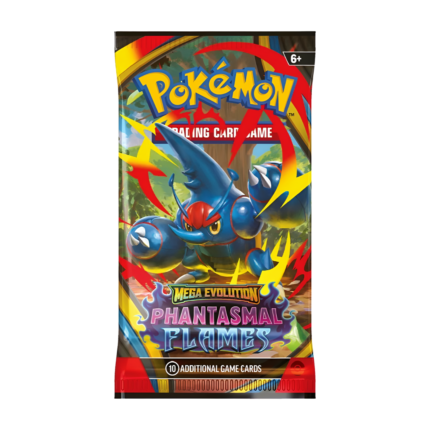 Pokémon Phantasmal Flames Expansion Booster Pack (English) with artwork depicting ghostly or fiery Pokémon, sealed and original packaging.