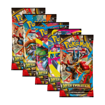 Pokémon Mega Evolution Booster Pack (English) with artwork depicting Pokémon with Mega Evolution symbols or in Mega form, sealed and original packaging.