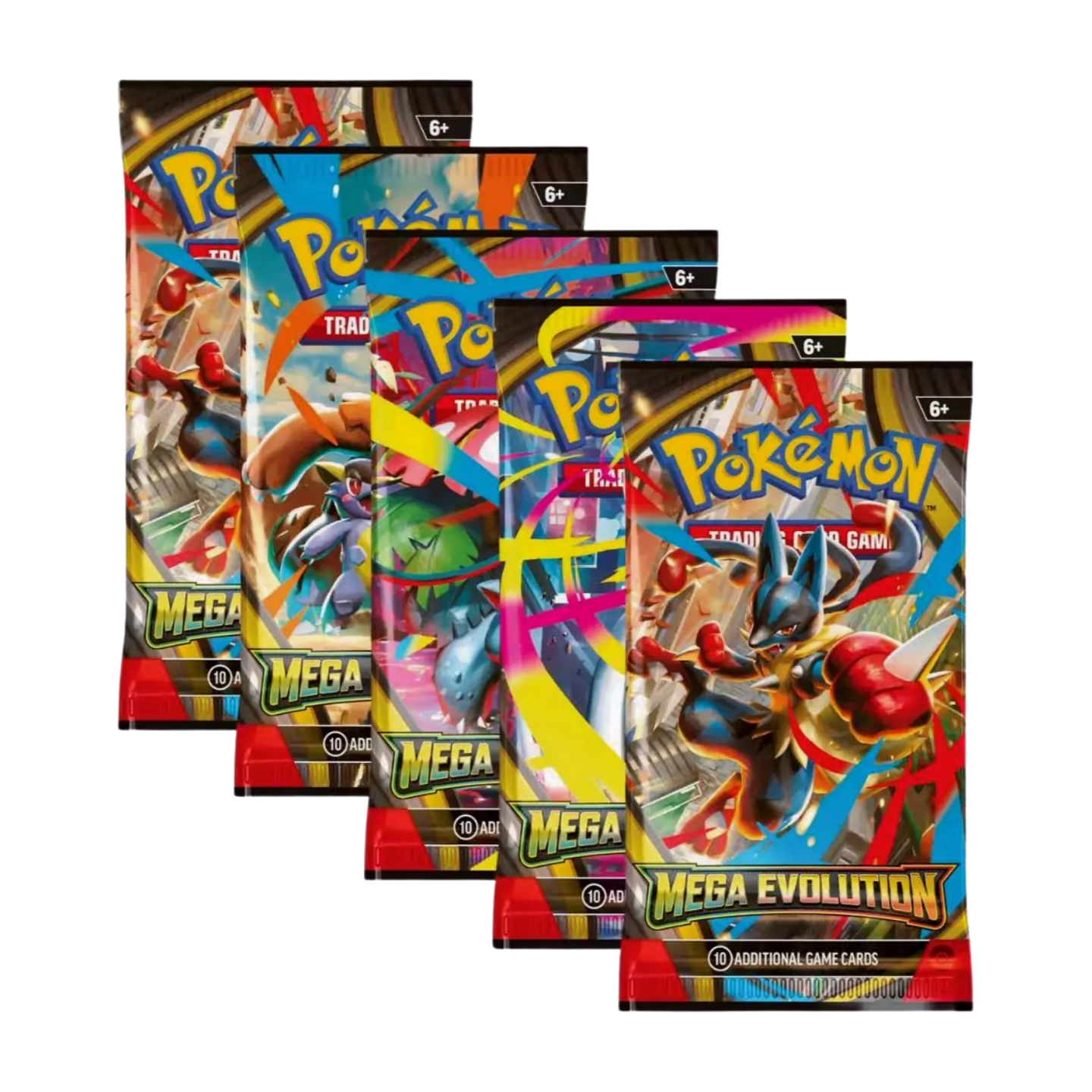 Pokémon Mega Evolution Booster Pack (English) with artwork depicting Pokémon with Mega Evolution symbols or in Mega form, sealed and original packaging.