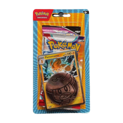 Pokémon Checklane Blister - Pamomamo (deutsch), versiegelt und originalverpackt, zeigt die Pamomamo Promokarte, zwei Boosterpacks und eine Sammelmünze.