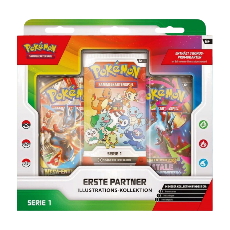 Pokémon Erste-Partner-Kollektion (deutsch) in OVP, zeigt die Promokarten der Starter-Pokémon aus Kanto, Sinnoh und Alola im Illustrations-Stil.