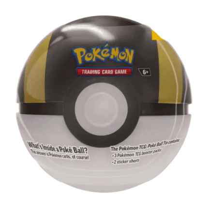 Pokémon Hyperball Tin Box Herbst 2025 (deutsch), versiegelt und originalverpackt, zeigt das Hyperball-Motiv auf der Box, sowie die enthaltenen Boosterpacks und Stickerbögen.