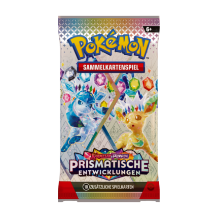 Pokémon Karmesin & Purpur – Prismatische Entwicklungen Boosterpack (deutsch) mit Artwork von Evoli und seinen Entwicklungen, versiegelt und originalverpackt.