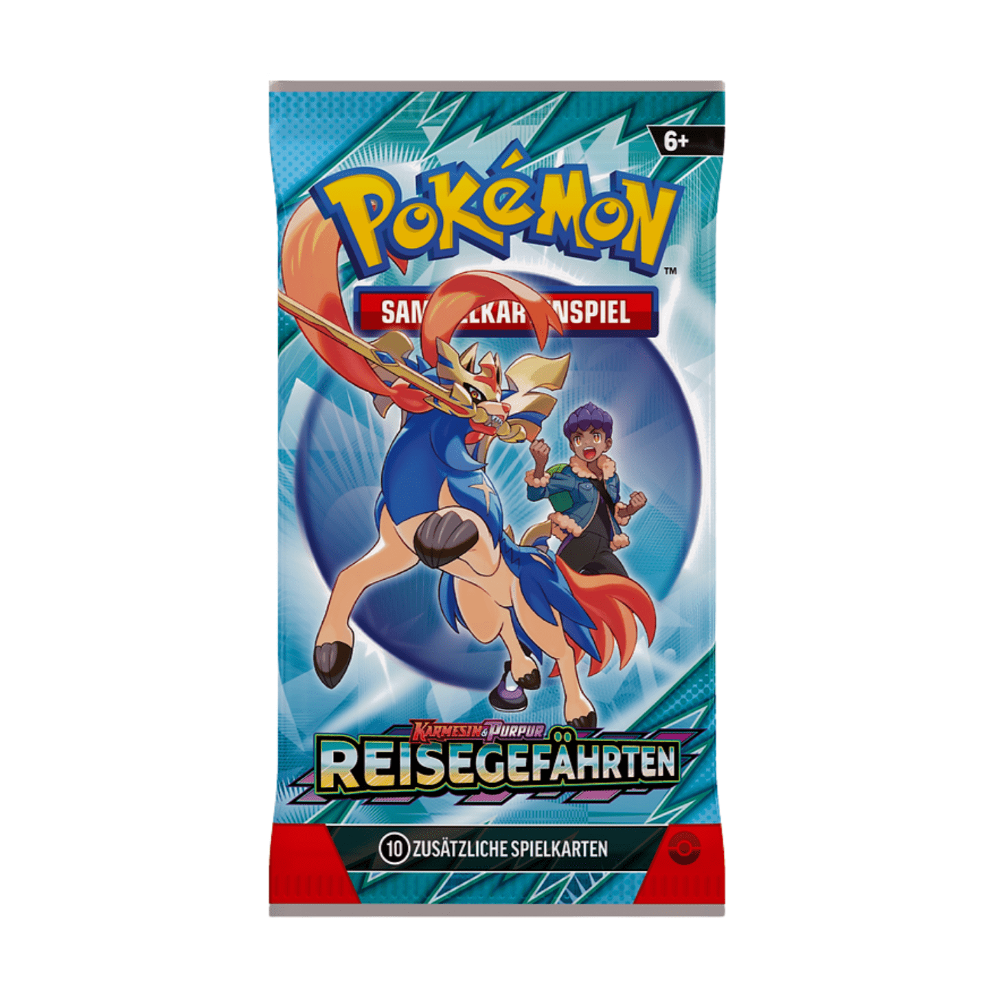 Pokémon Karmesin & Purpur Reisegefährten Boosterpack (deutsch) mit Artwork, das Trainer und ihre Pokémon als Team zeigt, versiegelt und originalverpackt.