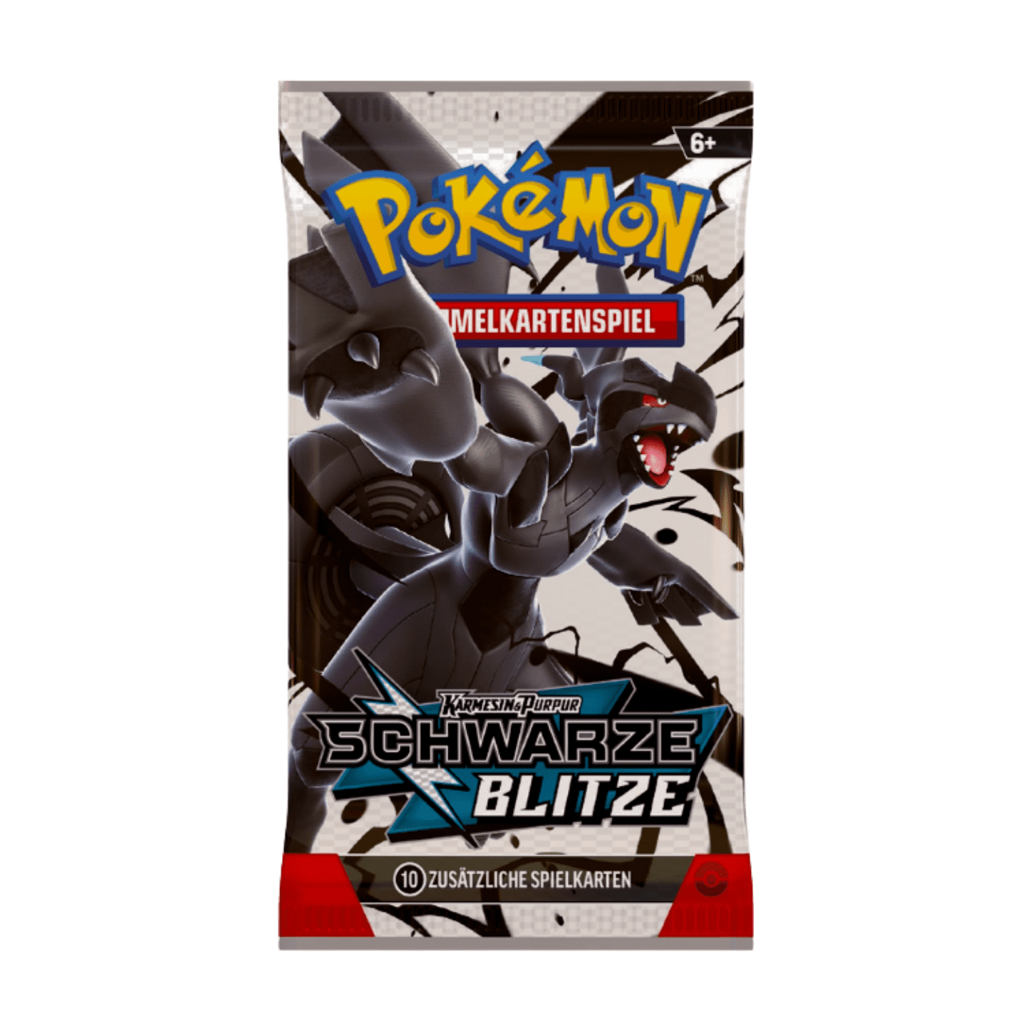 Pokémon Karmesin & Purpur Schwarze Blitze Boosterpack (deutsch) mit Artwork, das Pokémon und ein schwarzes Blitz- oder Energie-Thema zeigt, versiegelt und originalverpackt.