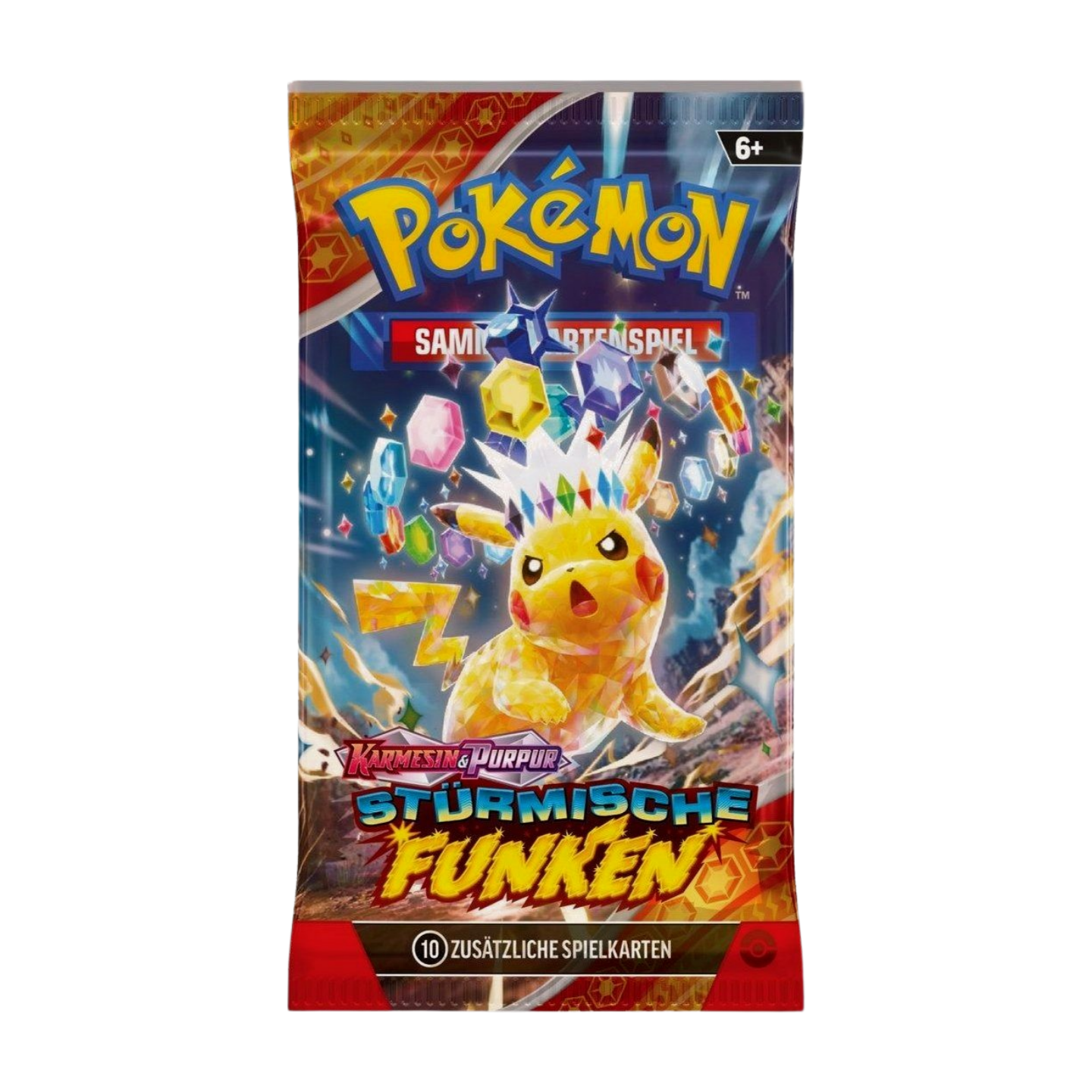 Pokémon Karmesin & Purpur Stürmische Funken Boosterpack (deutsch) mit Artwork, das Drachen-Pokémon und Pikachu in einem tropischen Paradies zeigt, versiegelt und originalverpackt.