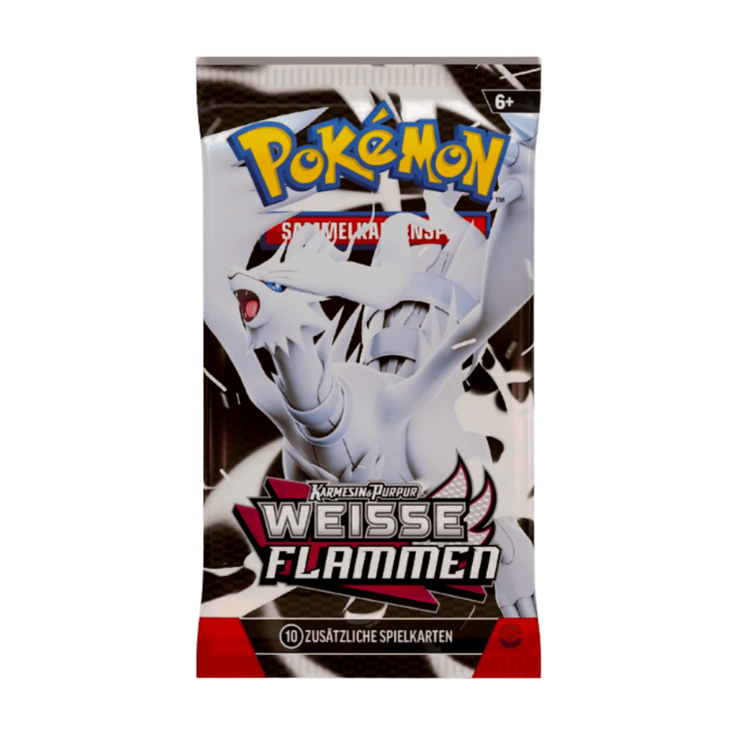 Pokémon Karmesin & Purpur Weiße Flammen Boosterpack (deutsch) mit Artwork, das Pokémon und ein weißes Flammen- oder Lichtthema zeigt, versiegelt und originalverpackt.