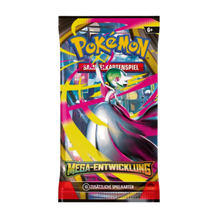 Pokémon Mega Entwicklung Boosterpack (deutsch) mit Artwork, das Pokémon mit Mega-Entwicklungs-Symbolen oder in Mega-Form zeigt, versiegelt und originalverpackt