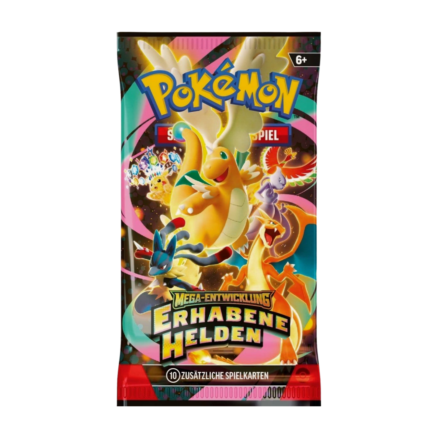 Pokémon Mega-Entwicklung Erhabene Helden Boosterpack (deutsch) mit Artwork, das Pokémon mit Mega-Entwicklungssymbolen oder in Mega-Form zeigt, versiegelt und originalverpackt.