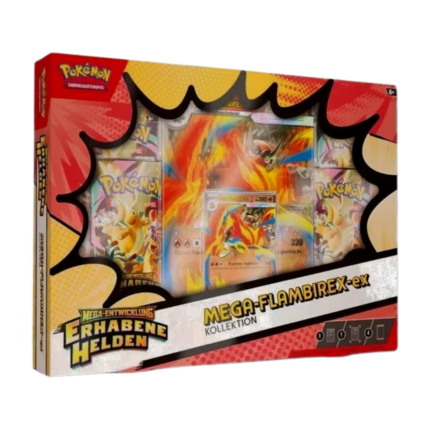 Pokémon Mega-Entwicklung Erhabene Helden Mega-Flambirex-EX Kollektion (deutsch), versiegelt und originalverpackt, zeigt Mega-Flambirex-ex Promokarte, Jumbo-Wackelbildkarte und Boosterpacks.
