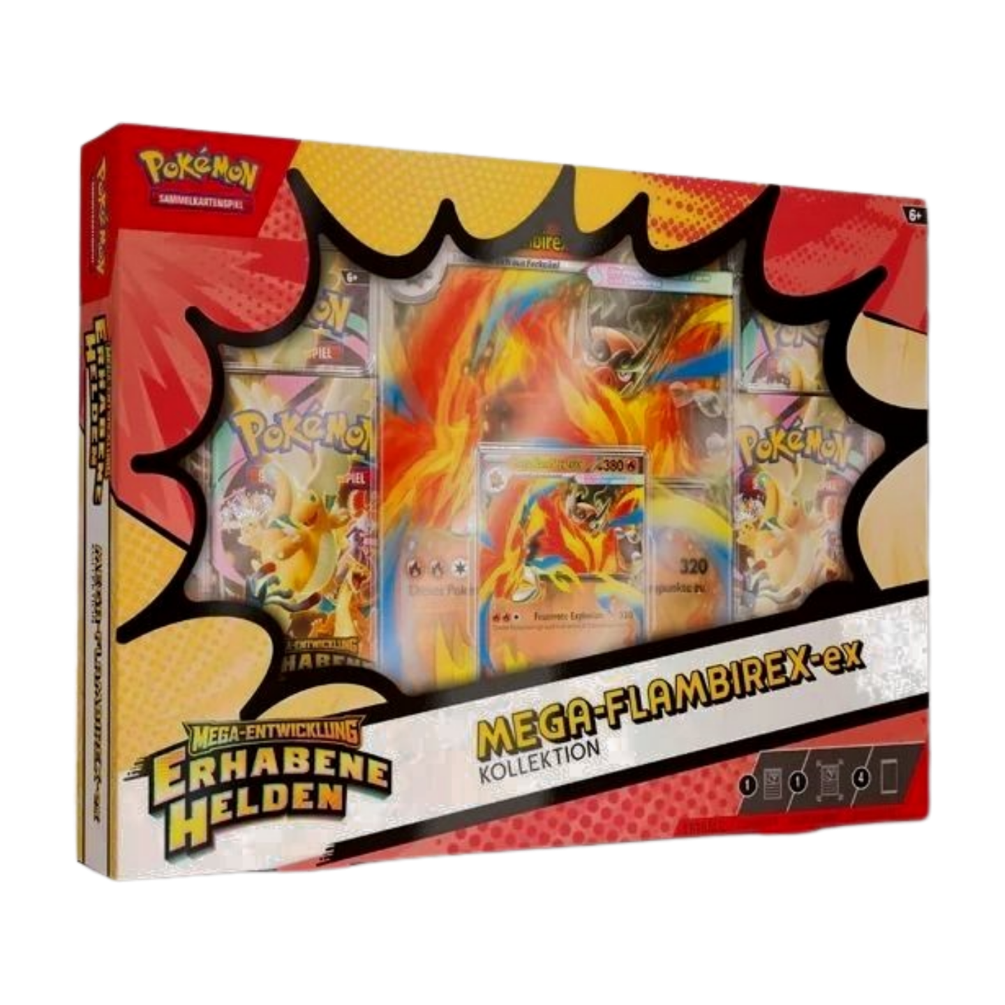 Pokémon Mega-Entwicklung Erhabene Helden Mega-Flambirex-EX Kollektion (deutsch), versiegelt und originalverpackt, zeigt Mega-Flambirex-ex Promokarte, Jumbo-Wackelbildkarte und Boosterpacks.