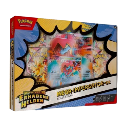 Pokémon Mega-Entwicklung Erhabene Helden Mega-Impergator-EX Kollektion (deutsch), versiegelt und originalverpackt, zeigt Mega-Impergator-ex Promokarte, Jumbo-Wackelbildkarte und Boosterpacks.