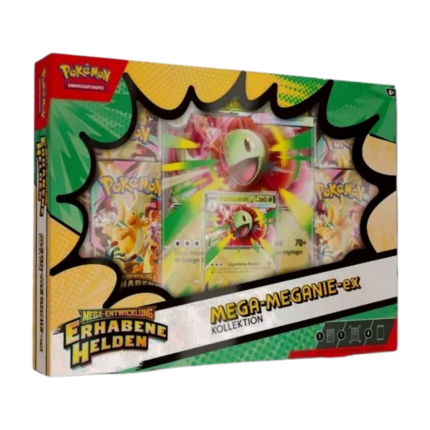 Pokémon Mega-Entwicklung Erhabene Helden Mega-Meganie-EX Kollektion (deutsch), versiegelt und originalverpackt, zeigt Mega-Meganie-ex Promokarte, Jumbo-Wackelbildkarte und Boosterpacks.