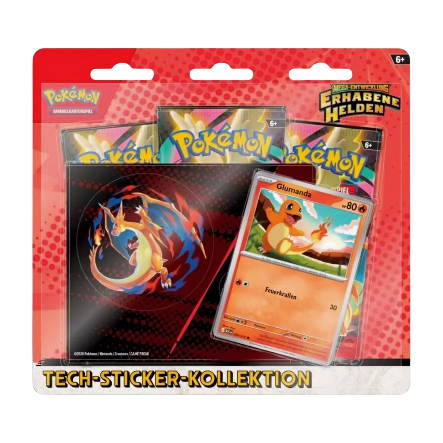 Pokémon Mega-Entwicklung Erhabene Helden Tech-Sticker-Kollektion - Glumanda (deutsch), versiegelt und originalverpackt, zeigt Glumanda Promokarte, Boosterpacks und Stickerbogen.