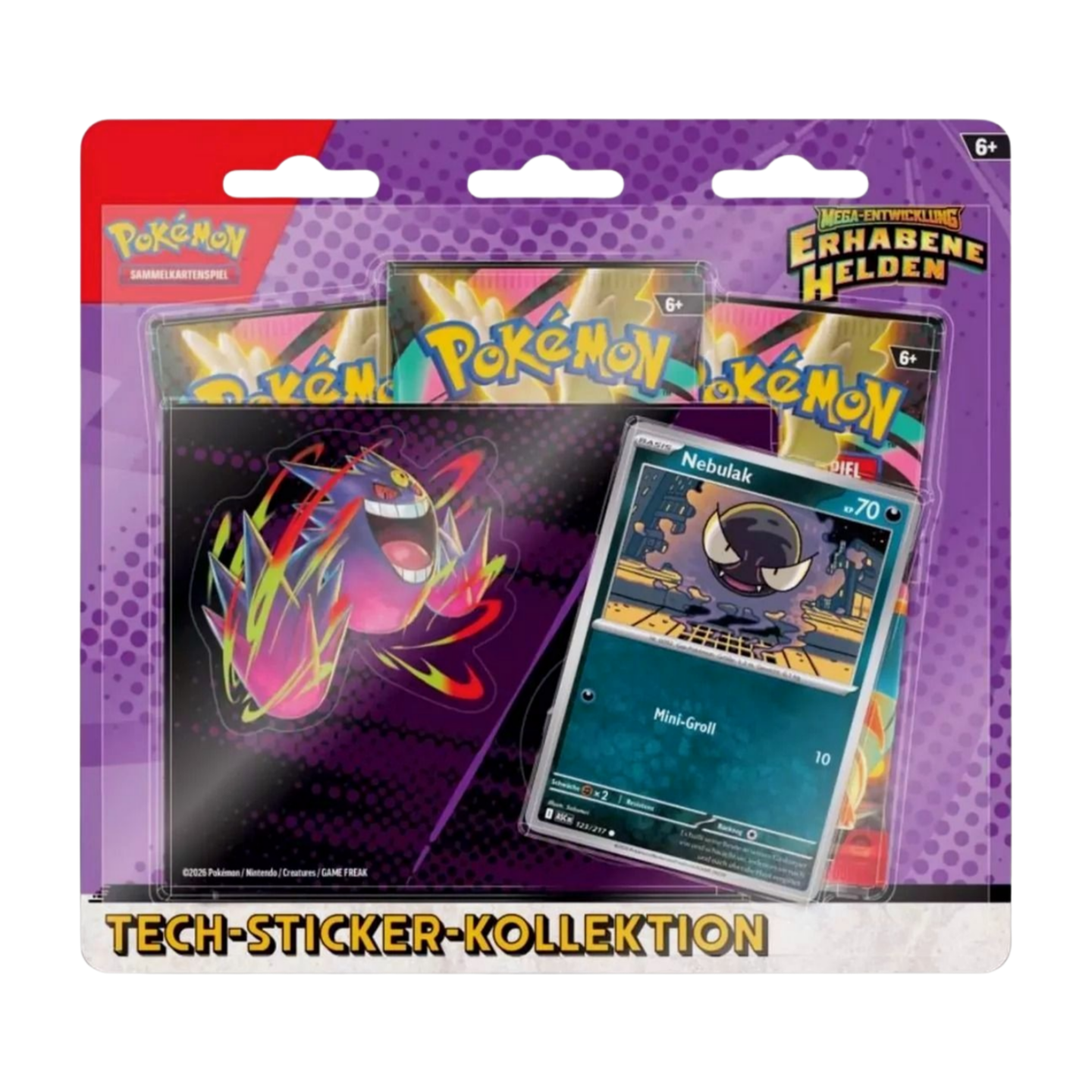 Pokémon Mega-Entwicklung Erhabene Helden Tech-Sticker-Kollektion - Nebulak (deutsch), versiegelt und originalverpackt, zeigt Nebulak Promokarte, Boosterpacks und Stickerbogen.