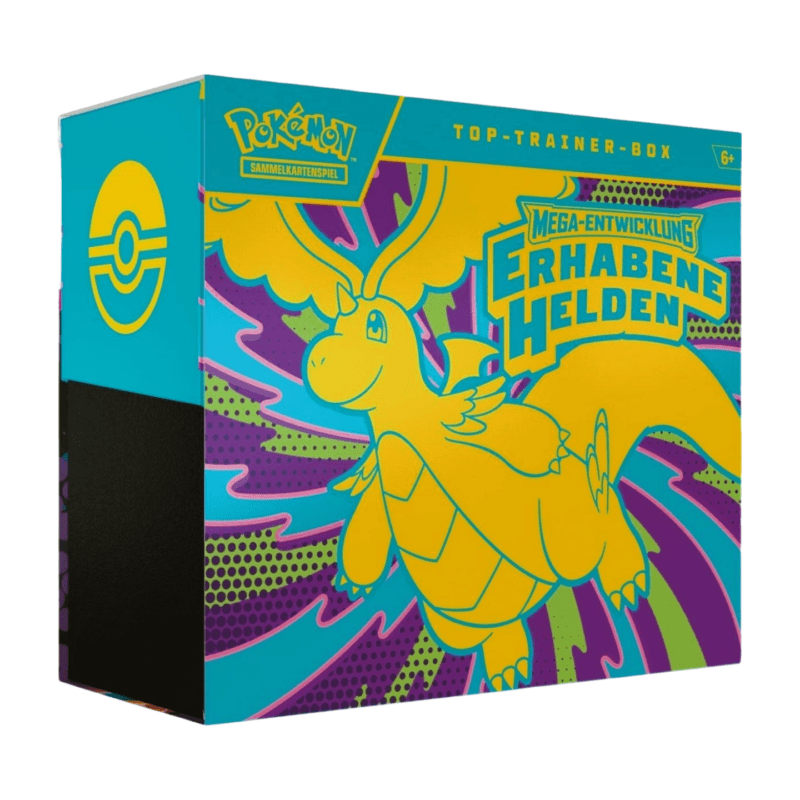 Pokémon Mega-Entwicklung Erhabene Helden Top Trainer Box (deutsch), versiegelt und originalverpackt, zeigt Mega-Dragoran-ex Artwork, Boosterpacks und Zubehör.