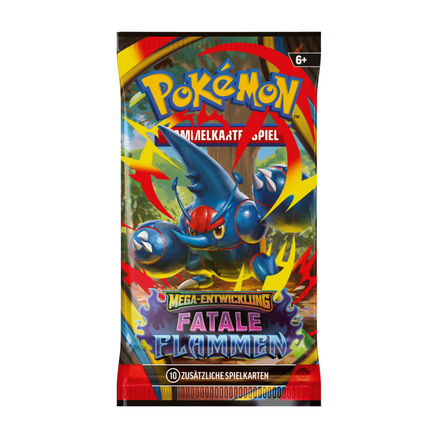 Pokémon Mega-Entwicklung Fatale Flammen Boosterpack (deutsch), versiegelt und originalverpackt, zeigt das feurige Set-Artwork.