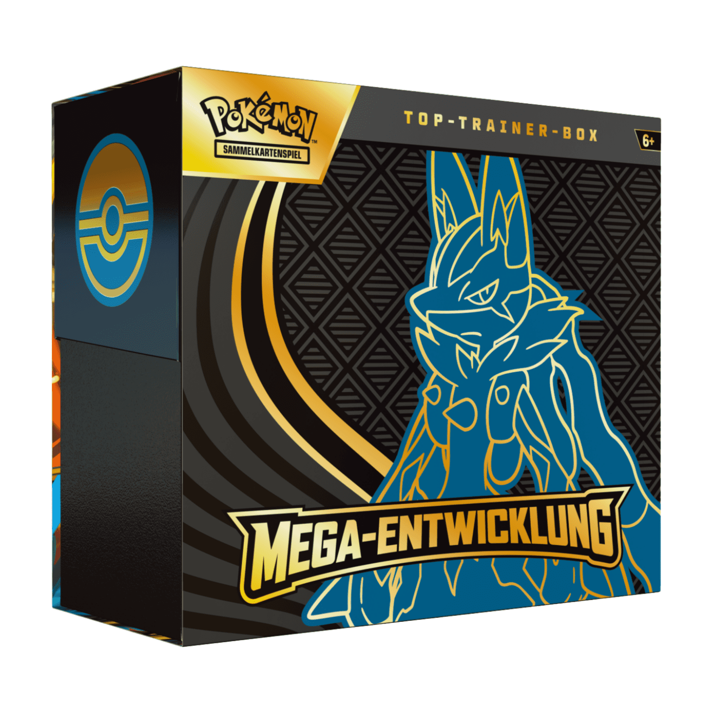 Pokémon Mega Entwicklung Top Trainer Box Lucario (deutsch), versiegelt und originalverpackt, zeigt Mega-Lucario auf der Box und den Inhalt.