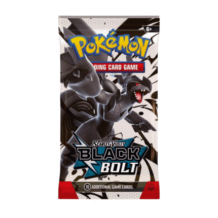 Pokémon Scarlet & Violet Black Bolt Booster Pack (English) with artwork featuring Pokémon and a black bolt or lightning theme, sealed and original packaging.