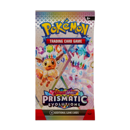 Pokémon Scarlet & Violet – Prismatic Evolutions Booster Pack (English) with artwork of Eevee and its Evolutions, sealed and original packaging