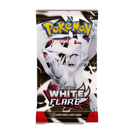 Pokémon Scarlet & Violet White Flare Booster Pack (English) with artwork featuring Pokémon and a white flare or light theme, sealed and original packaging.