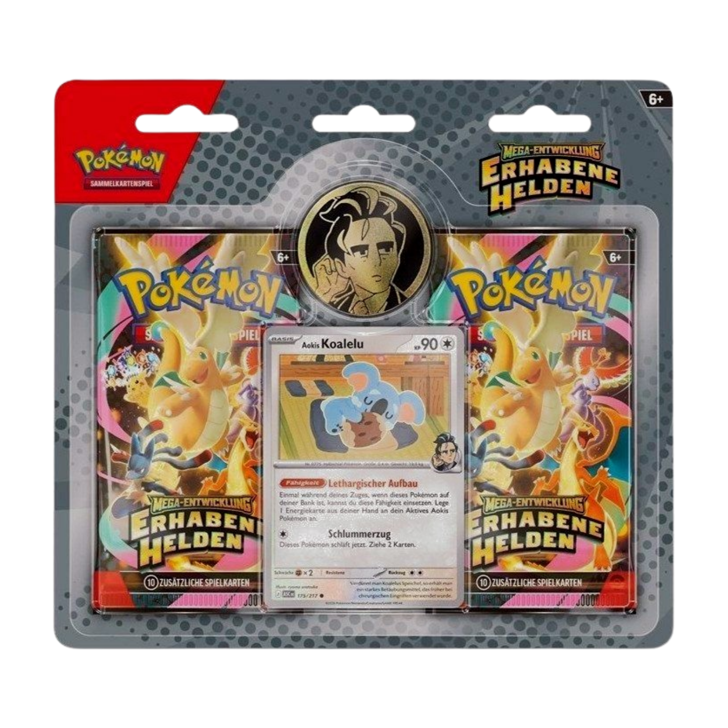 Pokémon Mega-Entwicklung Erhabene Helden 2-Pack Blister - Aokis Koalelu (deutsch), versiegelt und originalverpackt, zeigt Aokis Koalelu Promokarte, Boosterpacks und Münze.