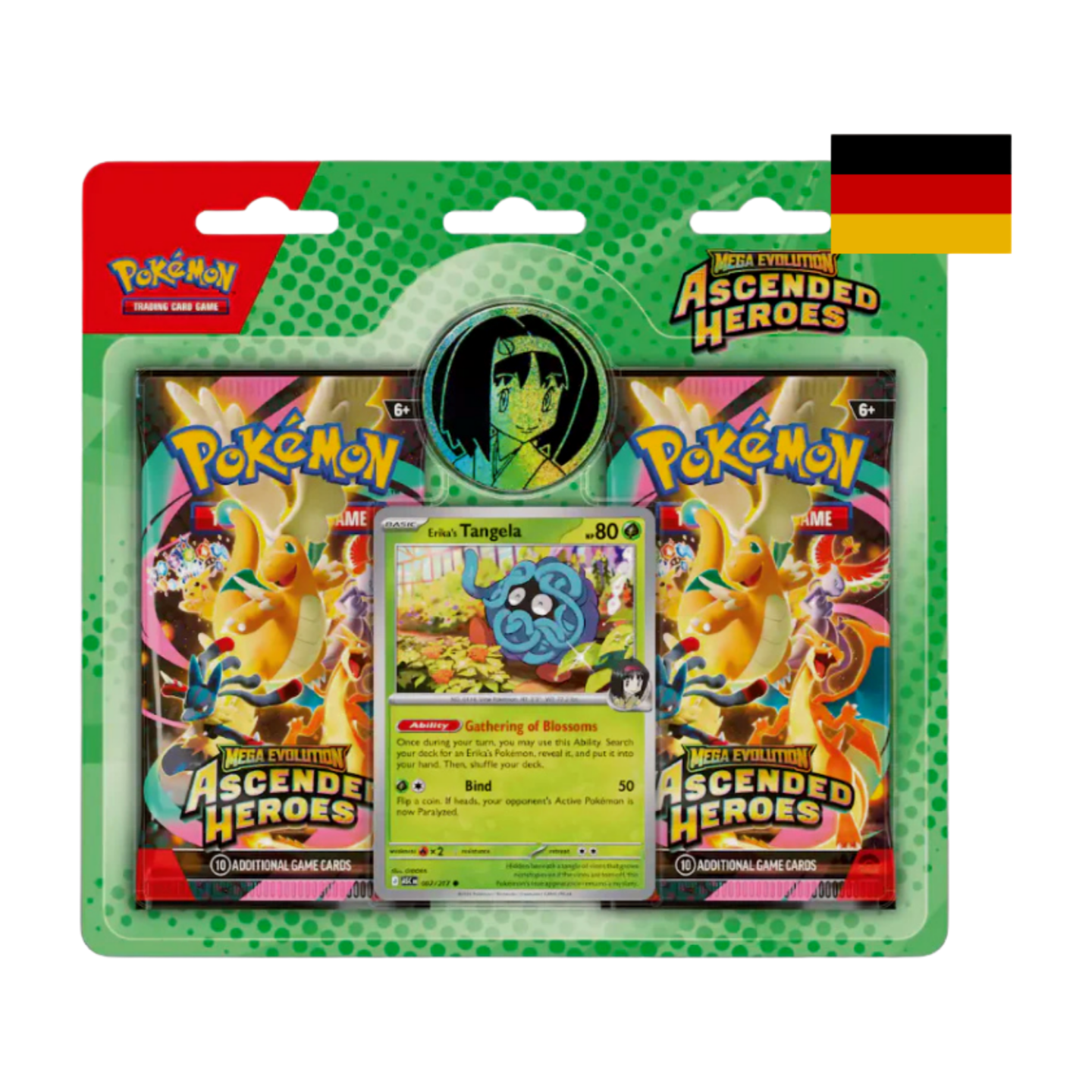 Pokémon Mega-Entwicklung Erhabene Helden 2-Pack Blister - Erika's Tangela (deutsch), versiegelt und originalverpackt, zeigt Erika's Tangela Promokarte, Boosterpacks und Münze.