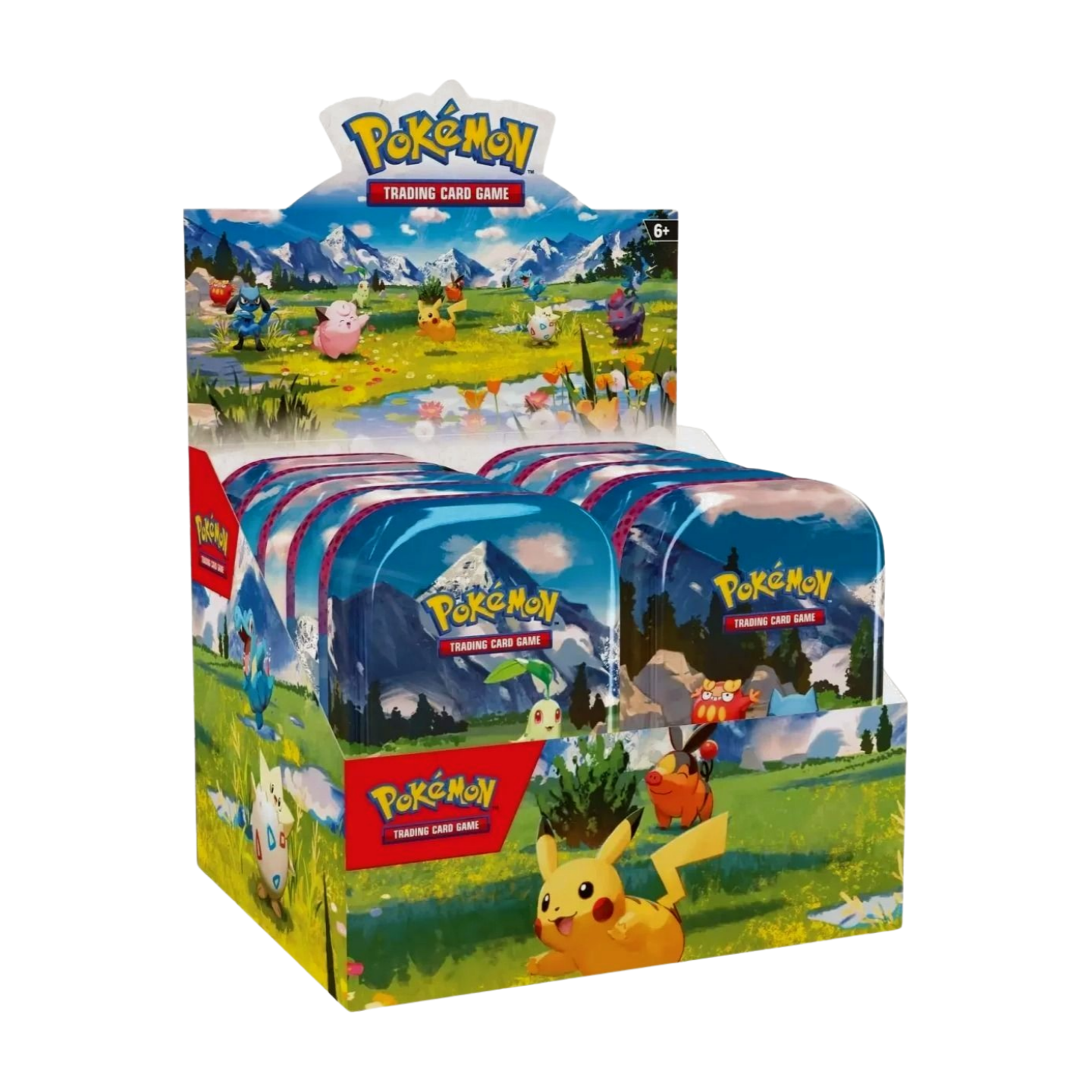 Pokémon Mega Evolution Eminent Heroes Mini Tin Display (English), sealed and original packaging, showing the outer box with title and the 10 included Mini Tins with various Pokémon artworks.