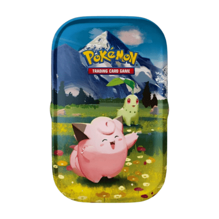 Pokémon Mega Evolution Eminent Heroes Mini Tin Clefairy & Chikorita (English), sealed and original packaging, showing Clefairy and Chikorita artwork, booster packs, and art card.