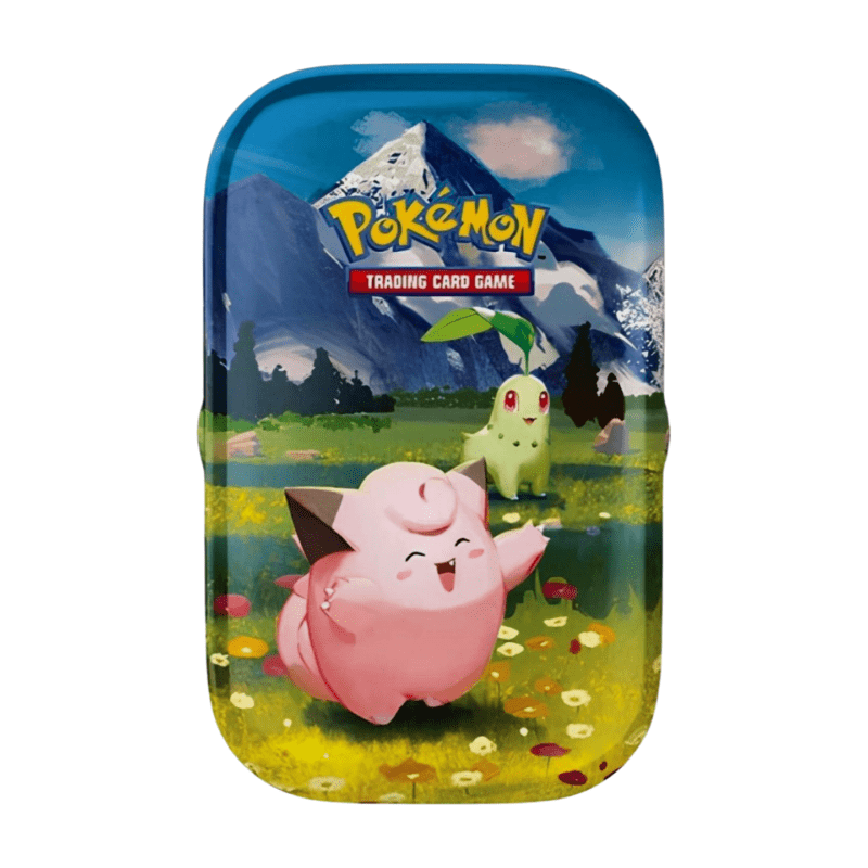 Pokémon Mega-Entwicklung Erhabene Helden Mini Tin Piepi & Endivie (deutsch), versiegelt und originalverpackt, zeigt Piepi und Endivie Artwork, Boosterpacks und Bildkarte.