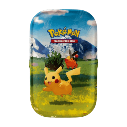 Pokémon Mega-Entwicklung Erhabene Helden Mini Tin Pikachu & Floink (deutsch), versiegelt und originalverpackt, zeigt Pikachu und Floink Artwork, Boosterpacks und Bildkarte.