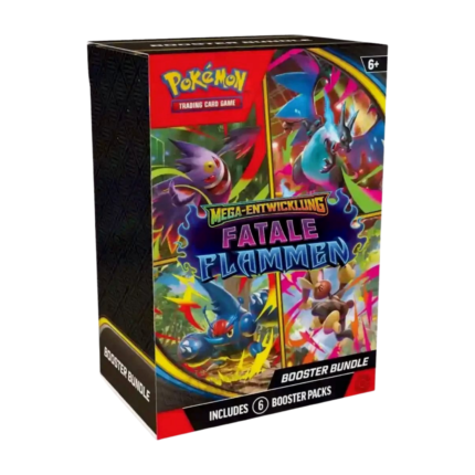 Pokémon Mega-Entwicklung Fatale Flammen Booster Bundle (deutsch), versiegelt und originalverpackt, zeigt das Bundle mit dem Artwork der Erweiterung und den enthaltenen 6 Boosterpacks.