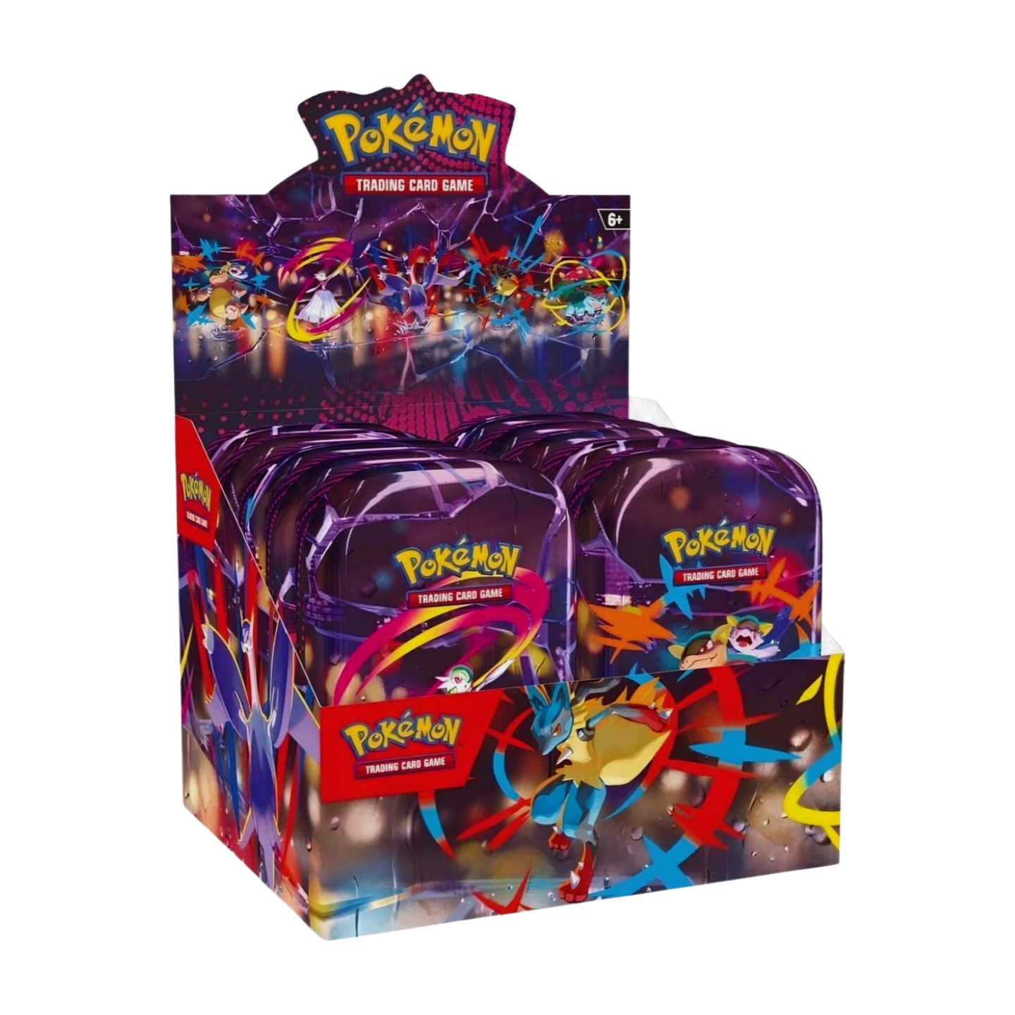Pokémon Mega Entwicklung Mini Tin Display (deutsch) mit 10 versiegelten Mini Tins, zeigt die verschiedenen Designs der Tins und das Set-Artwork.