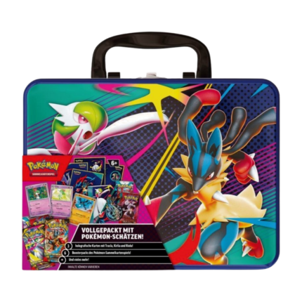 Pokémon Mega-Entwicklung Sammelkoffer Herbst 2025 - Collector Chest (deutsch), versiegelt und originalverpackt, zeigt den Koffer mit Mega-Entwicklungs-Motiven, sowie die enthaltenen Boosterpacks, Promokarten, Mini-Album, Sticker und Münze.
