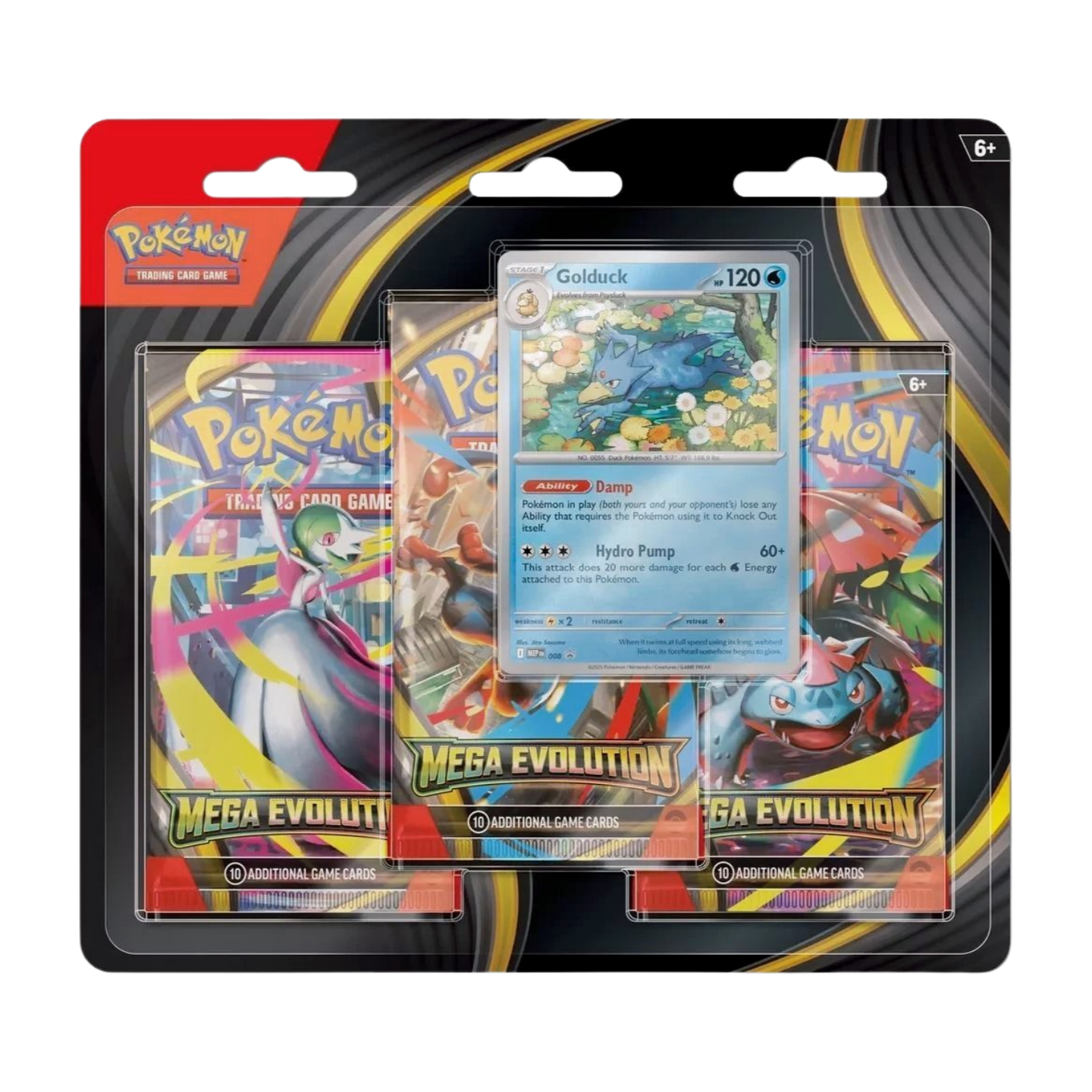 Pokémon Mega Evolution 3-Pack Blister - Golduck (English), sealed and original packaging, showing Golduck promo card and booster packs.