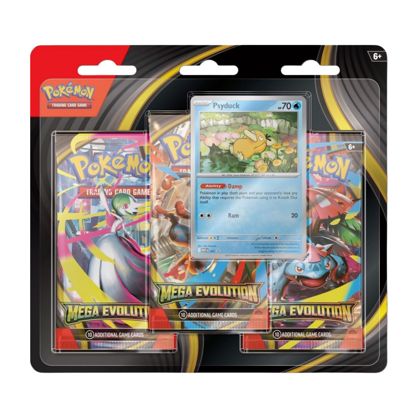 Pokémon Mega Evolution 3-Pack Blister - Psyduck (English), sealed and original packaging, showing Psyduck promo card and three booster packs.