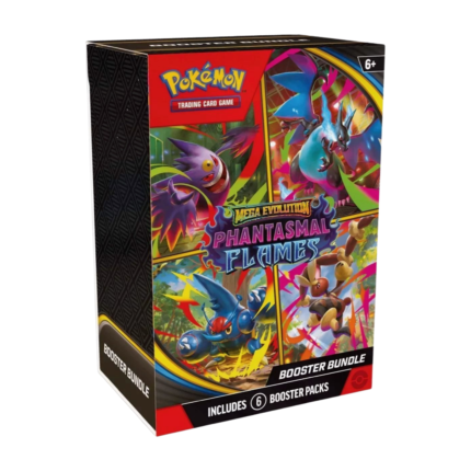 Pokémon Mega Evolution Phantasmal Flames Booster Bundle (English), sealed and original packaging, showing the bundle box with artwork featuring Mega Charizard X-EX and Mega Gengar-EX, and indicating the 6 included booster packs.