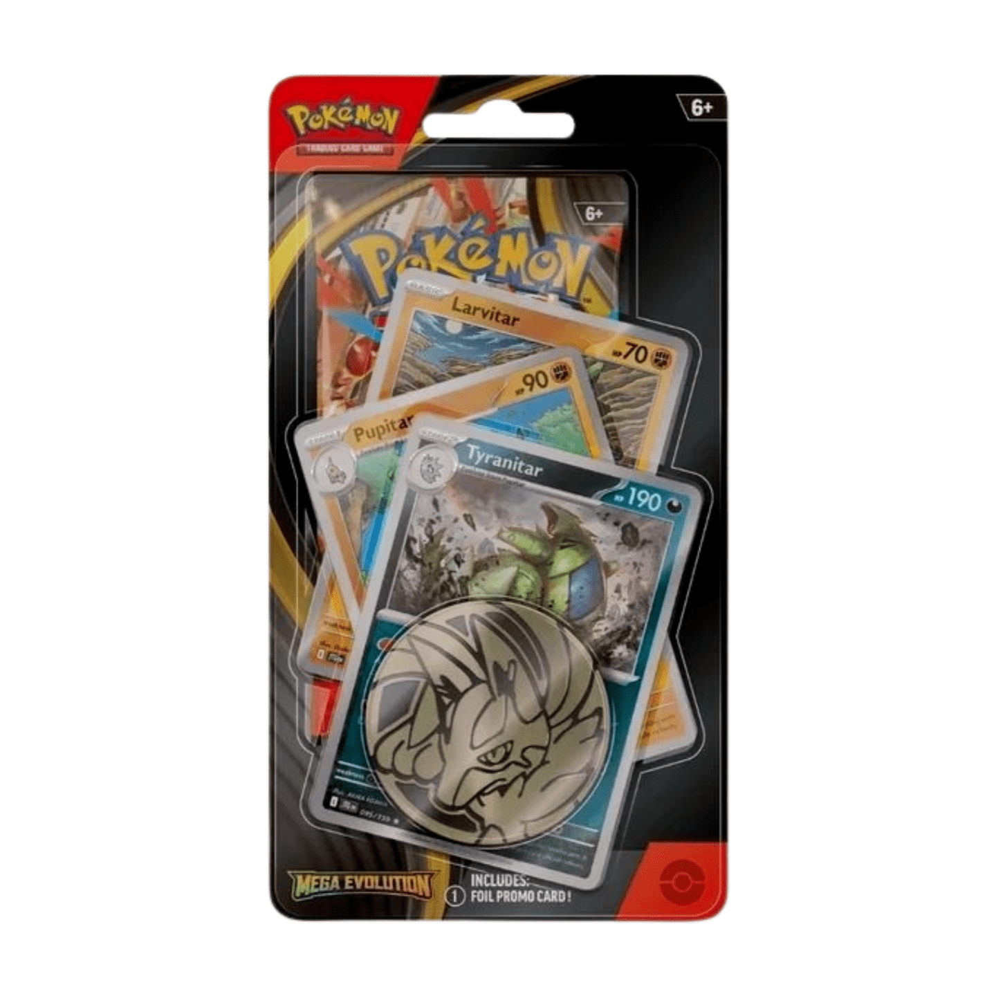 Pokémon Mega Evolution Premium Checklane Blister - Tyranitar (English), sealed and original packaging, showing three promo cards, one booster pack, and a collectible coin, with Tyranitar artwork.