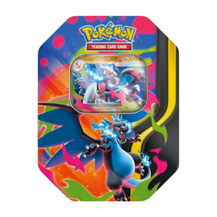 Pokémon Mega-Glurak X ex Tin Box 2026 (deutsch), versiegelt und originalverpackt, zeigt Mega-Glurak X ex Artwork, Promokarte und Boosterpacks.