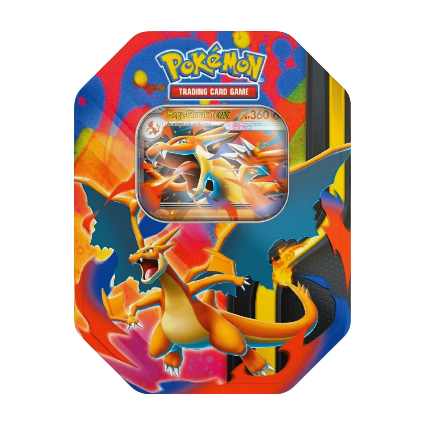 Pokémon Mega-Glurak Y ex Tin Box 2026 (deutsch), versiegelt und originalverpackt, zeigt Mega-Glurak Y ex Artwork, Promokarte und Boosterpacks.