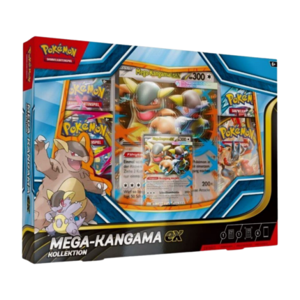 Pokémon Mega-Kangama-EX Kollektion (Deutsch), versiegelt und originalverpackt, zeigt die holografische Mega-Kangama-EX Promokarte, die überdimensionale Wackelbildkarte und die vier Boosterpacks.