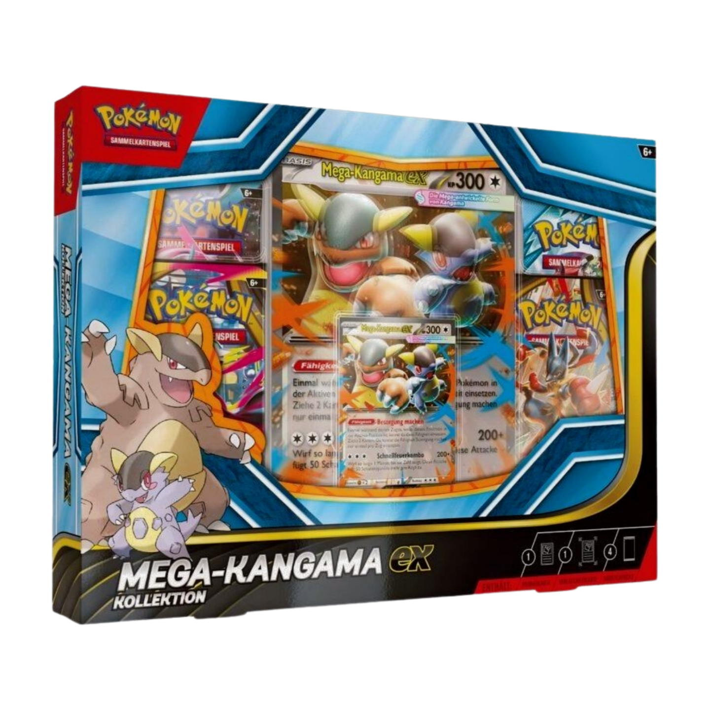 Pokémon Mega-Kangama-EX Kollektion (Deutsch), versiegelt und originalverpackt, zeigt die holografische Mega-Kangama-EX Promokarte, die überdimensionale Wackelbildkarte und die vier Boosterpacks.
