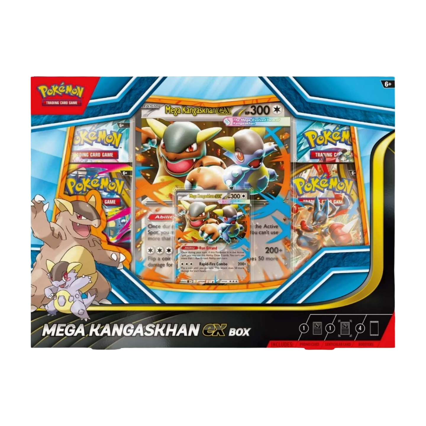 Pokémon Mega Kangaskhan-EX Collection (English), sealed and original packaging, showing the holographic Mega Kangaskhan-EX promo card, the oversized lenticular card, and the four booster packs.
