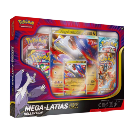 Pokémon Mega-Latias-EX Kollektion (Deutsch), versiegelt und originalverpackt, zeigt die holografische Vollbild-Mega-Latias-EX Promokarte, die überdimensionale Wackelbildkarte und die vier Boosterpacks.
