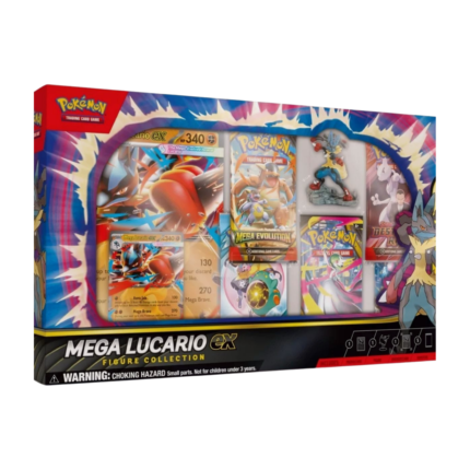 Pokémon Mega Lucario-EX Figure Collection (English), sealed and original packaging, showing the embossed holographic Mega Lucario-EX promo card, the oversized card, the detailed Mega Lucario figure, and the five booster packs.