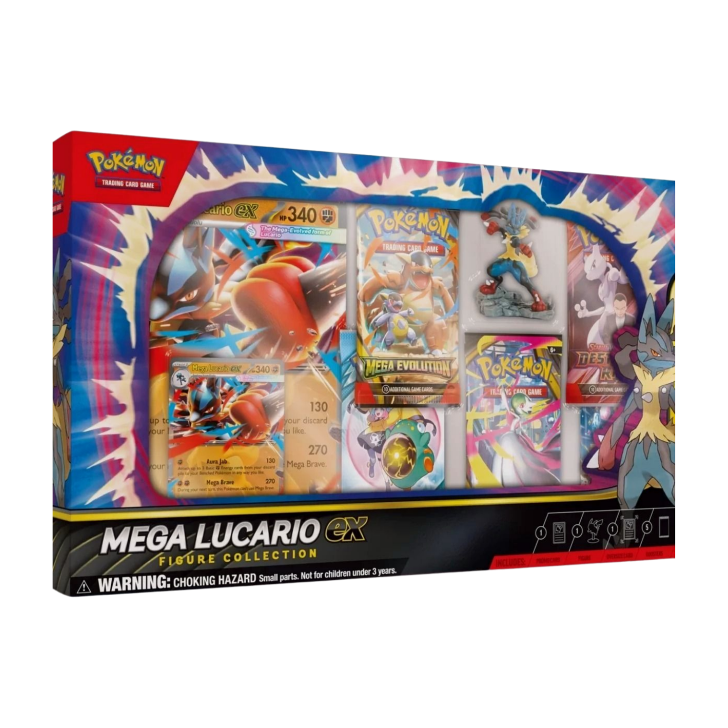 Pokémon Mega Lucario-EX Figure Collection (English), sealed and original packaging, showing the embossed holographic Mega Lucario-EX promo card, the oversized card, the detailed Mega Lucario figure, and the five booster packs.